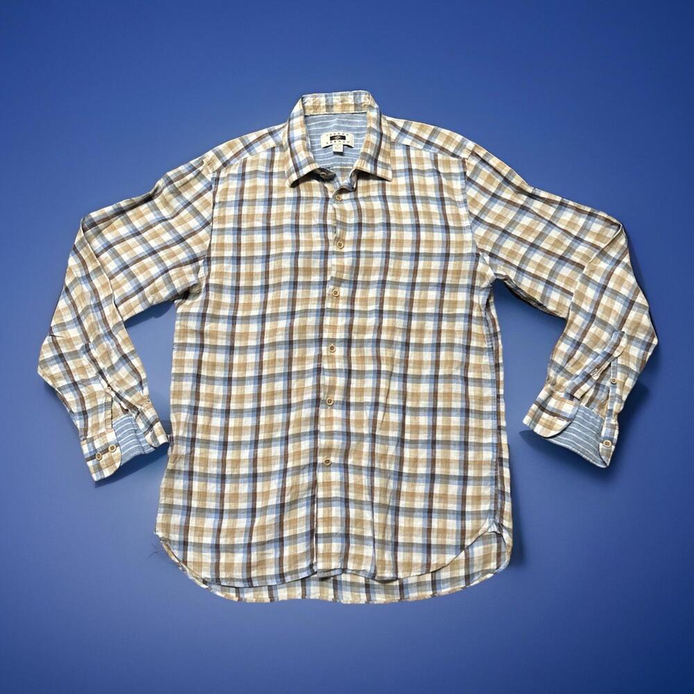 Joseph Abboud Shirt Mens Large Blue Plaid 100% Linen Button Down Long Sleeve